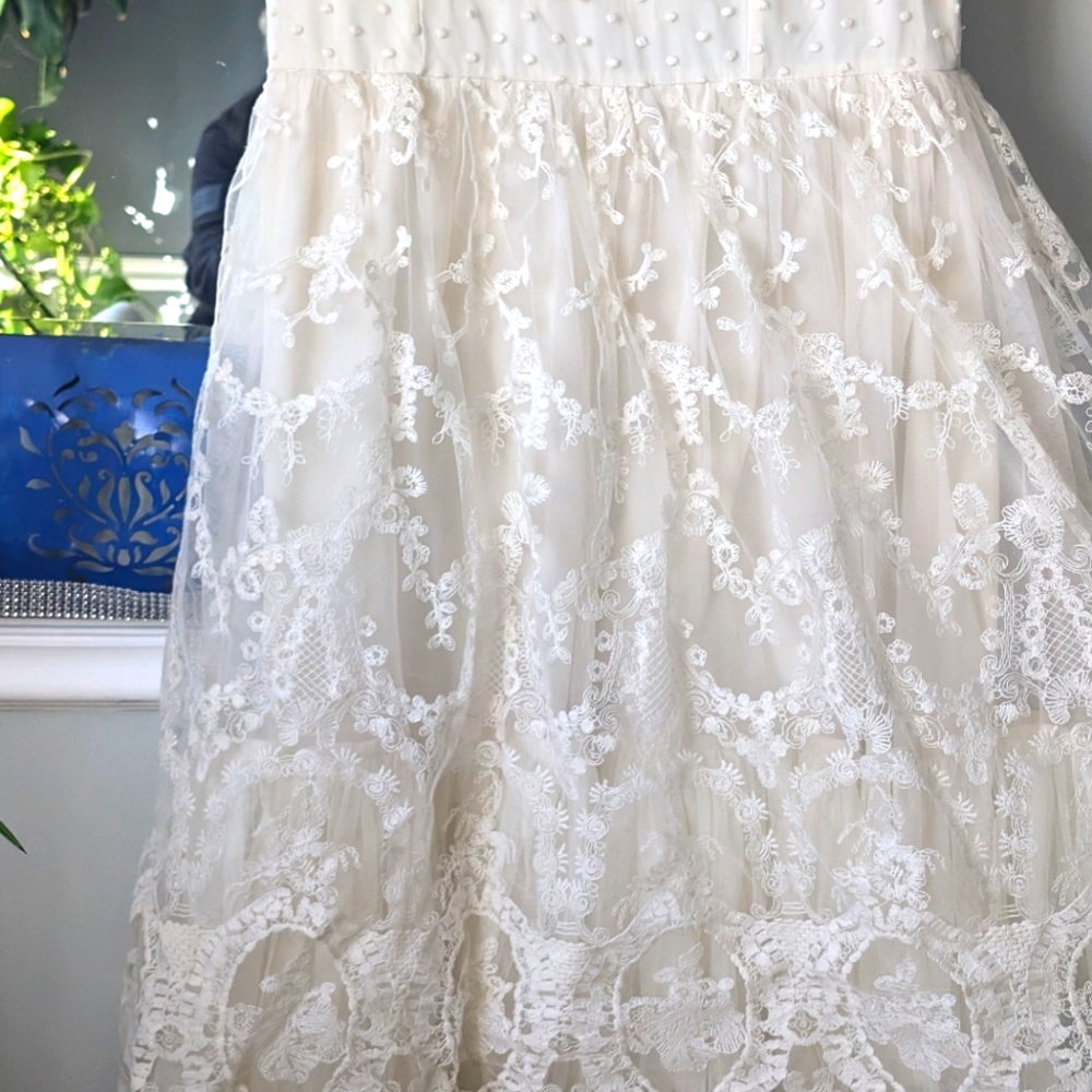 Geode x Anthropologie Floral Lace Swiss Dot Short Sleeve Midi Wedding Dress - Picture 4 of 11